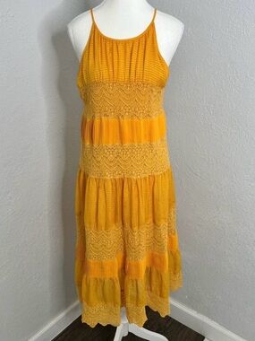 HD in Paris Light Tangerine Tiered Lace Maxi Dress M